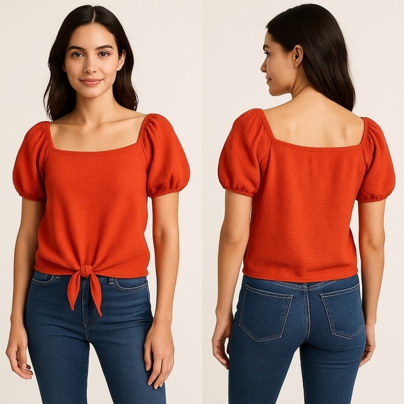 LOFT Tops - Ann Taylor LOFT Seersucker Tie Front Square Neck Puff Sleeve Top Orange XS